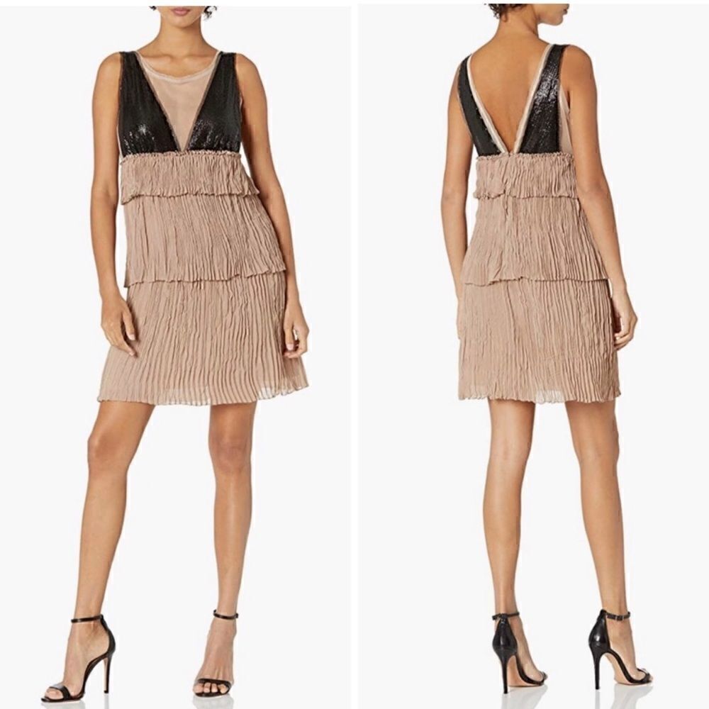 BCBGMAXAZRIA Averil Sequin Pleated Tiered Sleeveless Mesh Mini Dress | SZ L